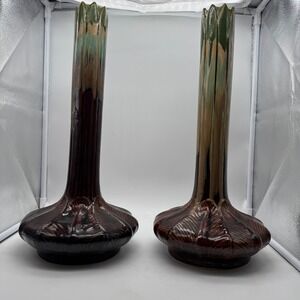 MCM Style Global Views Onion Vase Large Ceramic Art Deco Brown Green Glazed 17"
